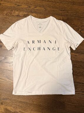 Armani Exchange White V-Neck Logo Tee with Black Lettering
